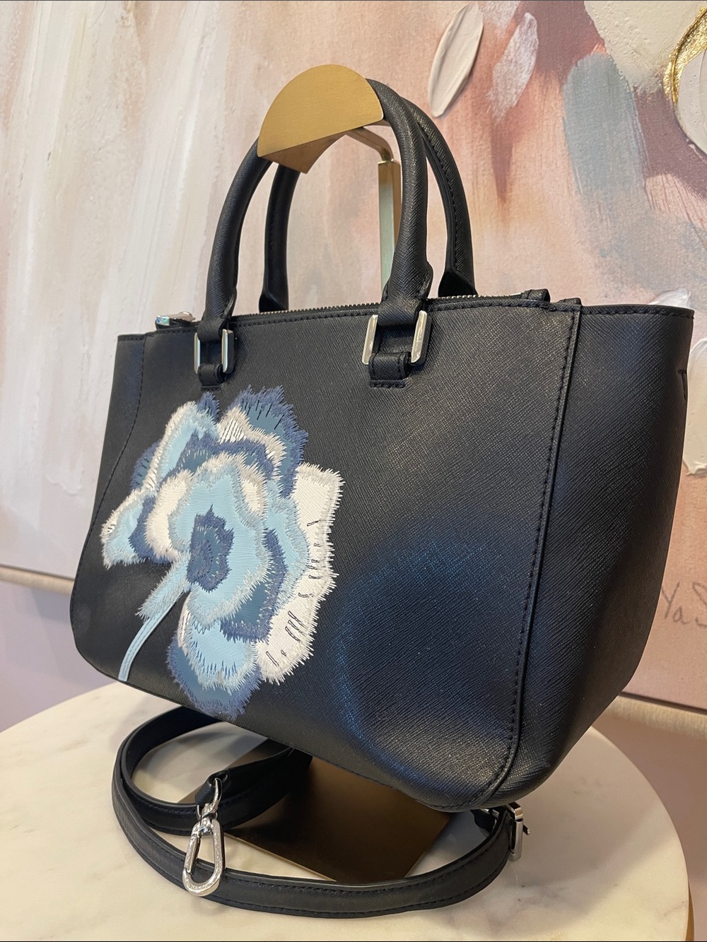Tory Burch Black Leather Satchel with Blue and Cream Floral Appliqué - Picture 2 of 7